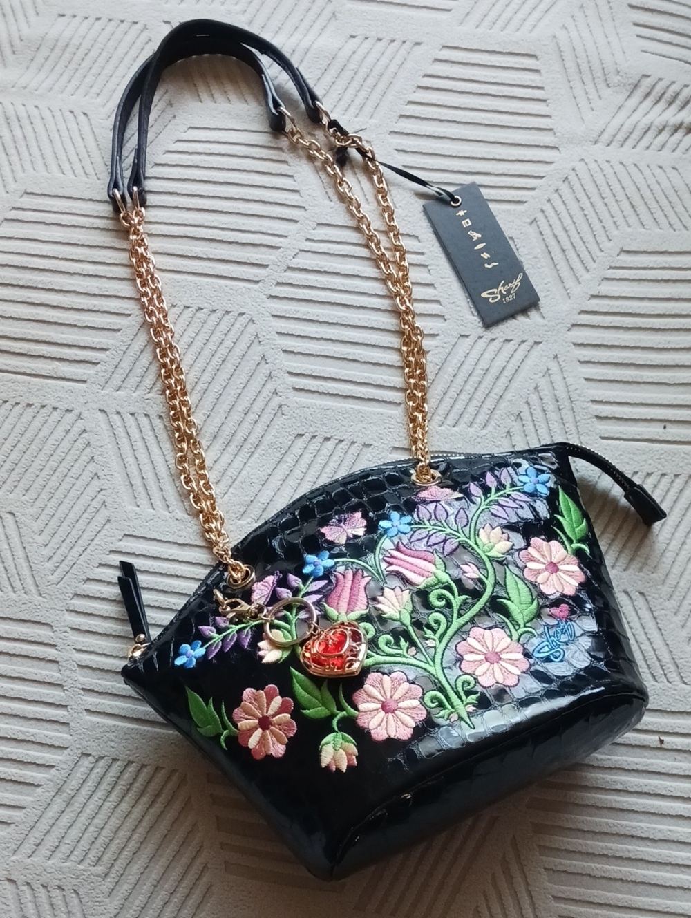 Sharif Legacy Patent Croc Embossed  Convertible Shoulder Bag W Floral Embroidery